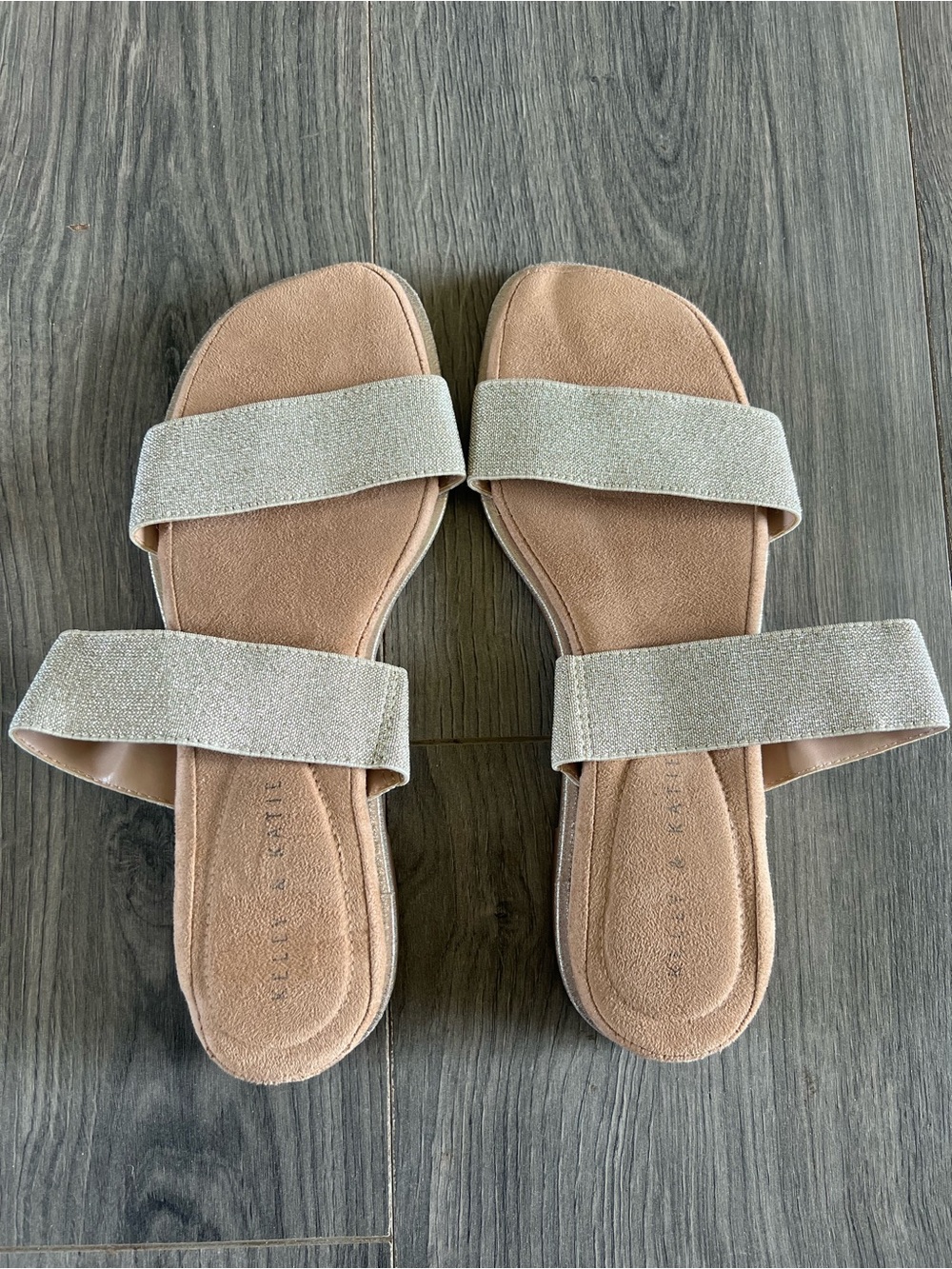 Kelly & Katie Beige Slide Sandals with Silver Glitter Straps